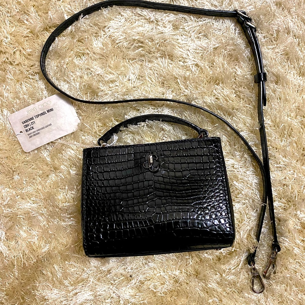 Jimmy Choo Varenne Top Handle Mini Shiny Black Croc Embossed Leather New